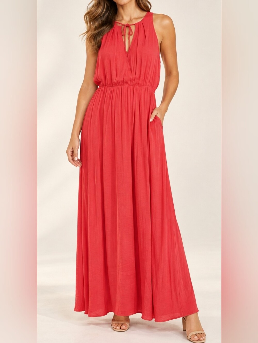 Soft and Flowy Coral Red Keyhole Halter Gathered Waist Maxi Dress Jlo XL